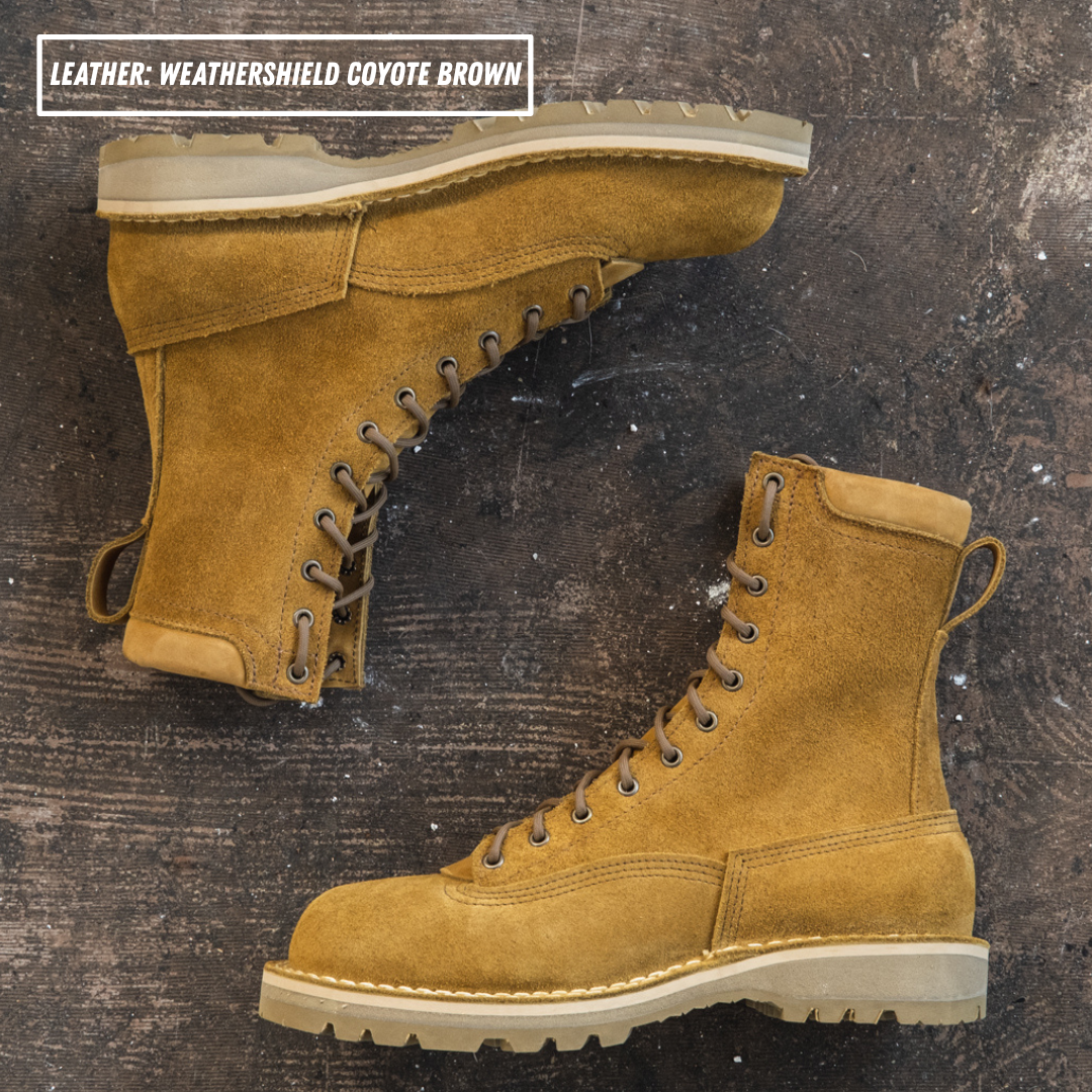 Lace to toe tactical boots. Both laying down on textured concrete. Text on top left reads "LEATHER: WEATHERSHIELD COYOTE BROWN."