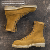 Lace to toe tactical boots. Both laying down on textured concrete. Text on top left reads "LEATHER: WEATHERSHIELD COYOTE BROWN."