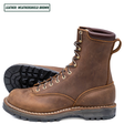 Weathershield brown lace to toe leather boots with padded collar. One sitting up and the other sitting on its side showing the outsole. Label on top left stating "Leather: Weathershield Brown."