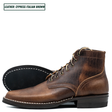 A single lace-up ankle boot in distressed brown leather, shown in side profile with the outsole visible behind it on a white background. A small label in the top left reads 'LEATHER - CYPRESS ITALIAN BROWN'.