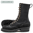 A pair of black leather lace-up boots with gold-tone eyelets and laces, shown on a white background with one boot standing upright and the other lying on its side to display the sole. A text label in the top-left corner reads 'LEATHER: MAX SUPPORT BLACK'.