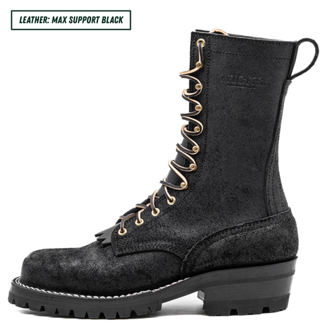 A black leather lace-up boot with gold-tone metal eyelets and laces, shown from a side profile on a white background. A text label in the top-left corner reads 'LEATHER: MAX SUPPORT BLACK'.