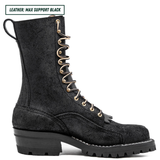 A black leather lace-up combat boot with gold-tone metal eyelets and a chunky black lug sole, shown in a side profile on a white background. A text label in the top-left corner reads 'LEATHER: MAX SUPPORT BLACK'.