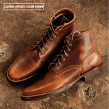 A pair of lace-up ankle boots in distressed cypress italian brown leather, displayed on a textured, rustic brown surface. A text overlay in the top-left corner reads 'LEATHER: CYPRESS ITALIAN BROWN'.