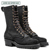 A pair of black leather lace-up boots with gold-tone eyelets and laces, shown on a white background with a text label in the top-left corner that reads 'LEATHER: MAX SUPPORT BLACK'.