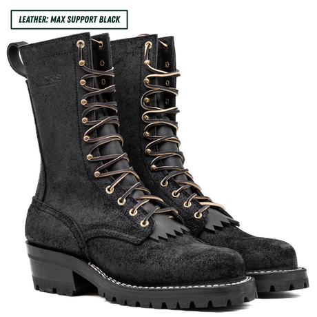 A pair of black leather lace-up boots with gold-tone eyelets and laces, shown on a white background with a text label in the top-left corner that reads 'LEATHER: MAX SUPPORT BLACK'.