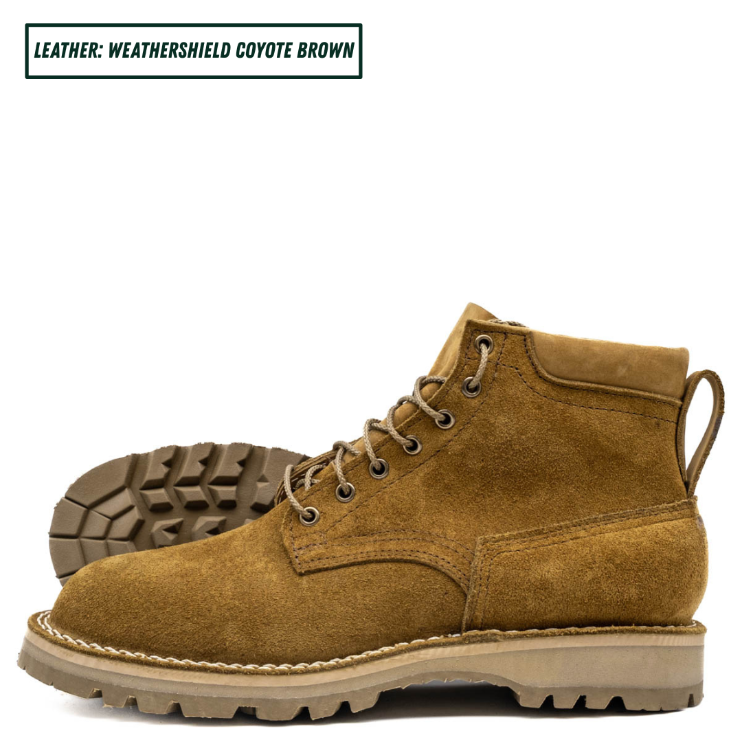 A single ankle-high lace-up boot in a warm coyote brown suede-like material, shown on a white background with the outsole visible behind it. A small label at the top reads 'LEATHER: WEATHERSHIELD COYOTE BROWN'.