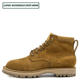 A single ankle-high lace-up boot in a warm coyote brown suede-like material, shown in side profile on a white background. A small text label in the top left reads 'LEATHER: WEATHERSHIELD COYOTE BROWN'.