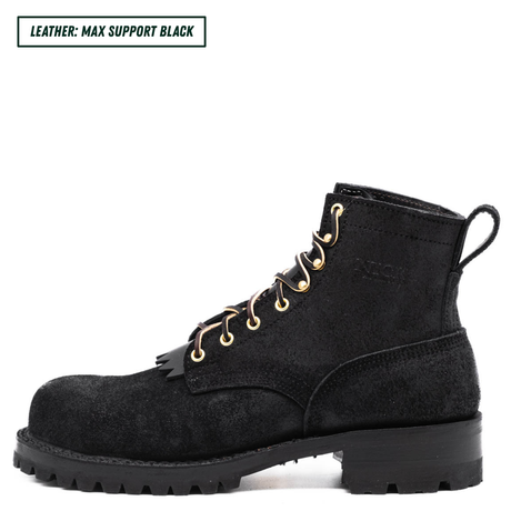 All black leather boot with lug sole. Single boot sitting up side profile. Top left reads "LEATHER: MAX SUPPORT BLACK."