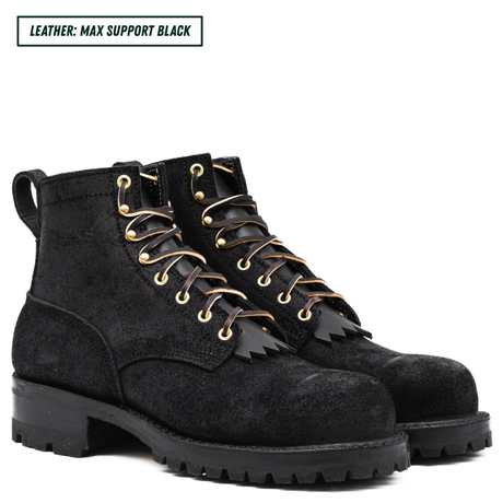 All black leather boots with lug soles. Boots sitting together facing forward right. Top left reads "LEATHER: MAX SUPPORT BLACK."