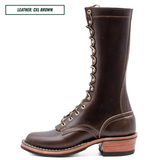 A tall brown leather lace-up boot with gold-tone eyelets and contrast stitching, shown in profile against a white background. A text label in the top-left corner reads 'LEATHER: CXL BROWN'.
