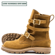 A pair of mid-calf boots in a warm coyote brown suede-like leather, featuring double buckle straps on the sides and a rugged lug sole. One boot is shown in profile while the other is turned to display the outsole.