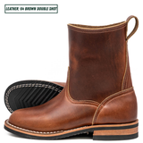 A pair of brown leather mid-calf boots shown on a white background, with one boot standing upright and the other lying on its side to display the black treaded sole. A text label in the top-left corner reads 'LEATHER: 64 BROWN DOUBLE SHOT'.