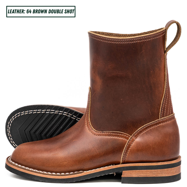 A pair of brown leather mid-calf boots shown on a white background, with one boot standing upright and the other lying on its side to display the black treaded sole. A text label in the top-left corner reads 'LEATHER: 64 BROWN DOUBLE SHOT'.