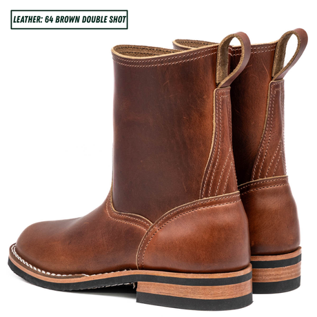 A pair of brown leather boots shown from the side and back on a white background, with a text label in the top-left corner reading 'LEATHER: 64 BROWN DOUBLE SHOT'.