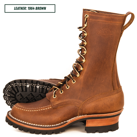 Moc Toe Lug boots, one sitting side profile and the other laying down showing the outsole. Top left reads 'LEATHER: 1964 BROWN.'