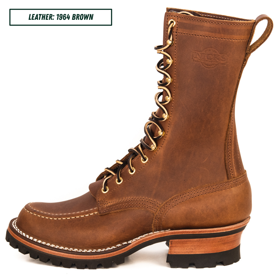 Moc Toe Lug boot sitting side profile. Top left reads 'LEATHER: 1964 BROWN.'