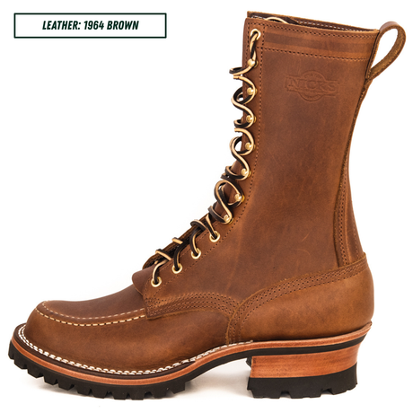Moc Toe Lug boot sitting side profile. Top left reads 'LEATHER: 1964 BROWN.'