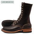 A pair of dark brown waxed leather lace-up boots with gold-tone eyelets and white contrast stitching, shown on a white background with a text label in the top-left corner.