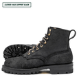 A pair of black leather lace-up boots with gold-toned metal eyelets and a rugged black sole, shown on a white background with a text label in the top-left corner reading 'LEATHER: MAX SUPPORT BLACK'.