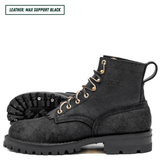 A pair of black leather lace-up boots with gold-toned metal eyelets and a rugged black sole, shown on a white background with a text label in the top-left corner reading 'LEATHER: MAX SUPPORT BLACK'.