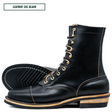 A pair of black leather lace-up boots shown on a white background, with one boot standing upright and the other lying on its side to display the treaded sole. A text label in the top left reads 'LEATHER: CXL BLACK'.