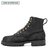 A black leather lace-up boot with gold-tone eyelets and laces, shown in a side profile on a white background. A text label in the top-left corner reads 'LEATHER: MAX SUPPORT BLACK'.