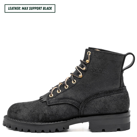A black leather lace-up boot with gold-tone eyelets and laces, shown in a side profile on a white background. A text label in the top-left corner reads 'LEATHER: MAX SUPPORT BLACK'.