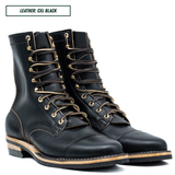 A pair of black leather lace-up boots with tan laces and brass eyelets, shown on a white background with a text label reading 'LEATHER: CXL BLACK'.
