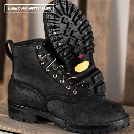 A pair of black leather lace-up ankle boots shown on a rustic wooden surface, with one boot standing upright and the other tilted to display the treaded outsole. A text overlay in the top left reads 'LEATHER: MAX SUPPORT BLACK'.