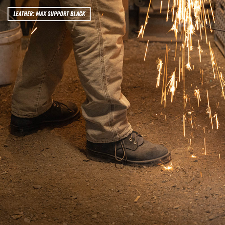 A person wearing tan work pants and black leather work boots stands on a dirt floor with sparks flying near their feet. A text overlay in the top-left corner reads 'LEATHER: MAX SUPPORT BLACK'.