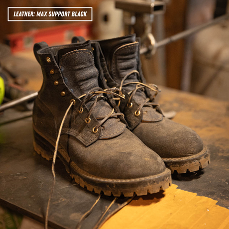 A pair of dark brown leather work boots with heavy-duty laces and rugged soles, resting on a workbench in a workshop setting. A text overlay in the top-left corner reads 'LEATHER: MAX SUPPORT BLACK'.