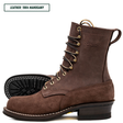 A dark brown suede lace-up boot shown in profile on a white background, with a second boot turned to show the sole behind it. The brand name 'NICKS' is embossed on the side, and a text label in the top left reads 'LEATHER: 1964 MAHOGANY'.