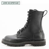 A black leather lace-up combat boot shown in a side profile on a white background, with a text label in the top-left corner that reads 'LEATHER: MAX SUPPORT BLACK'.