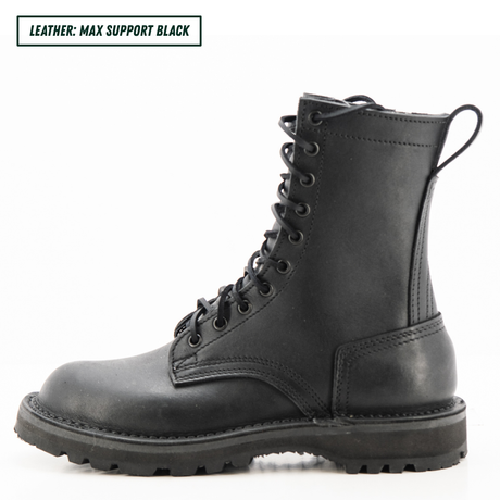 A black leather lace-up combat boot shown in a side profile on a white background, with a text label in the top-left corner that reads 'LEATHER: MAX SUPPORT BLACK'.
