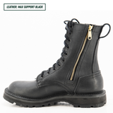 A black leather lace-up combat boot with a gold zipper on the side, shown in profile against a white background. A text label in the top-left corner reads 'LEATHER: MAX SUPPORT BLACK'.