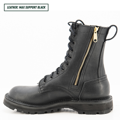 A black leather lace-up combat boot with a gold zipper on the side, shown in profile against a white background. A text label in the top-left corner reads 'LEATHER: MAX SUPPORT BLACK'.