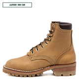 A tan leather lace-up ankle boot shown in profile on a white background, with a text label in the top-left corner reading 'LEATHER: 1964 TAN'.