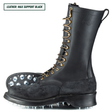 A black leather lace-up work boot with metal eyelets, a pull tab, and a spiked outsole, shown on a white background. A text label in the top-left corner reads 'LEATHER: MAX SUPPORT BLACK'.