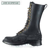 A black leather work boot with gold-tone laces and metal eyelets, shown in profile on a white background. A text label in the top-left corner reads 'LEATHER: MAX SUPPORT BLACK'.