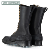 A pair of black leather knee-high boots with metal spikes on the soles, shown from a three-quarters angle on a white background. A text overlay in the top-left corner reads 'LEATHER: MAX SUPPORT BLACK'.