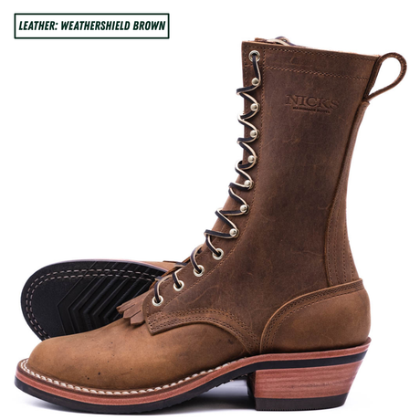 A mid-calf lace-up boot in weathered brown leather, shown from the side with the sole and heel visible. The boot has metal eyelets, a pull loop, and a stacked wood-look heel.