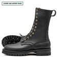 A pair of black leather lace-up boots shown on a white background, with one boot standing upright and the other lying on its side to display the treaded sole. A text label in the top-left corner reads 'LEATHER: MAX SUPPORT BLACK'.