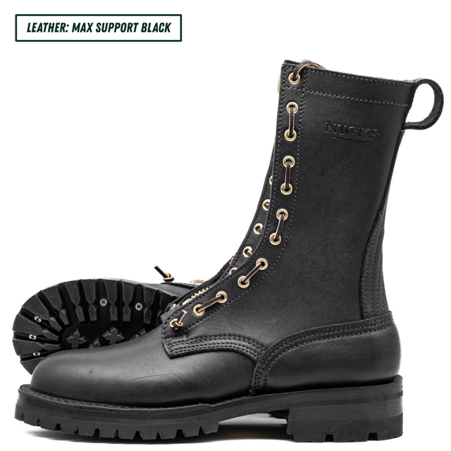 A pair of black leather lace-up boots shown on a white background, with one boot standing upright and the other lying on its side to display the treaded sole. A text label in the top-left corner reads 'LEATHER: MAX SUPPORT BLACK'.