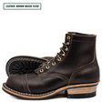 A pair of dark brown leather lace-up boots with gold-tone eyelets and contrast stitching, shown on a white background with a text label in the top left corner.