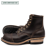 A pair of dark brown leather lace-up boots with gold-tone eyelets and contrast stitching, shown on a white background with a text label in the top left corner.