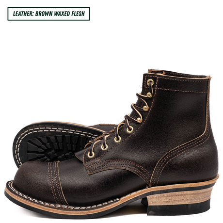A pair of dark brown leather lace-up boots with gold-tone eyelets and contrast stitching, shown on a white background with a text label in the top left corner.