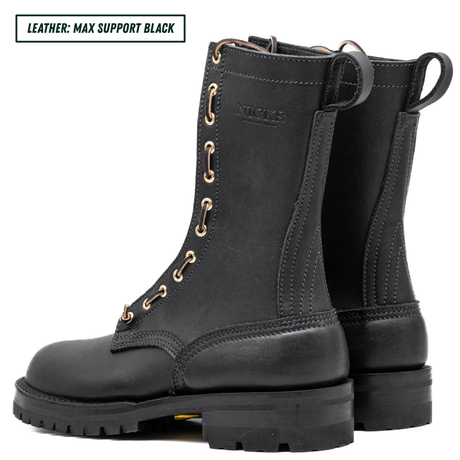 A pair of black leather work boots with gold-tone eyelets and a pull tab, shown on a white background with a text label in the top-left corner.