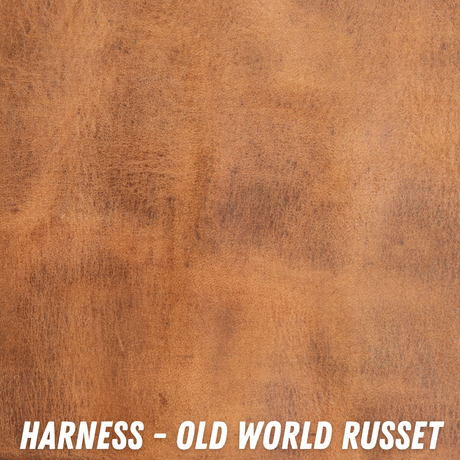 A close-up texture swatch of brown leather with mottled warm tan and reddish-brown tones, with the text 'HARNESS - OLD WORLD RUSSET' in white at the bottom.