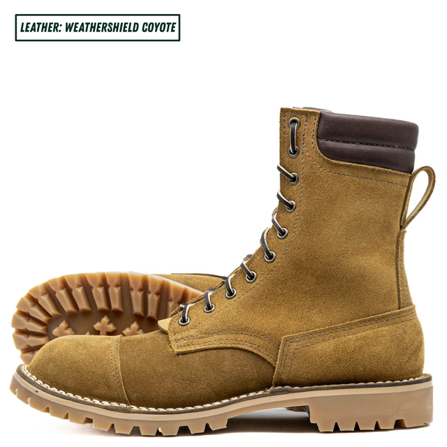 A pair of Weathershield coyote leather lace-up boots in a warm tan-brown suede-like finish, shown on a white background with one boot standing upright and the other lying on its side to display the treaded sole.